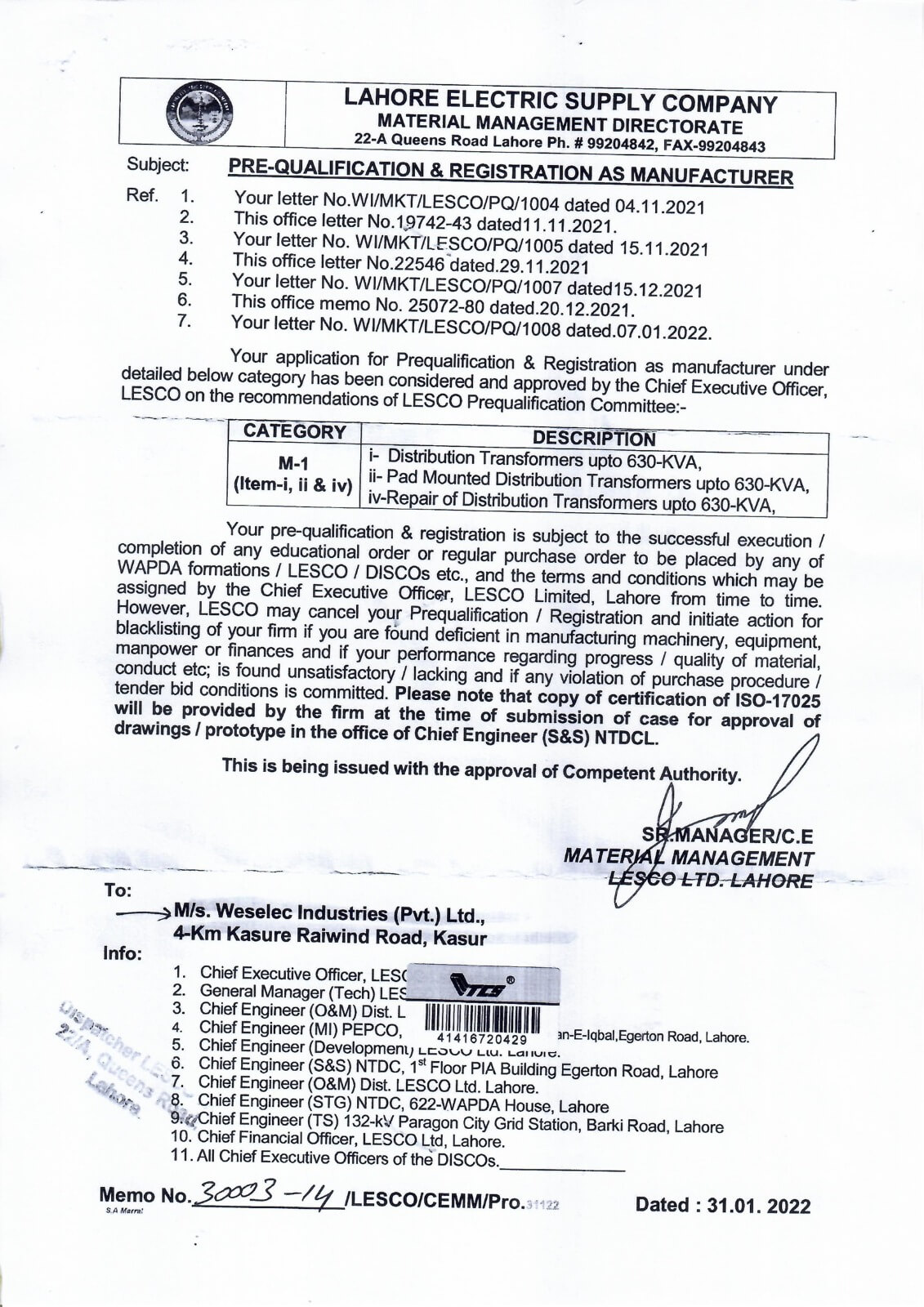 LESCO Pre-Qualification & Registration Certificate